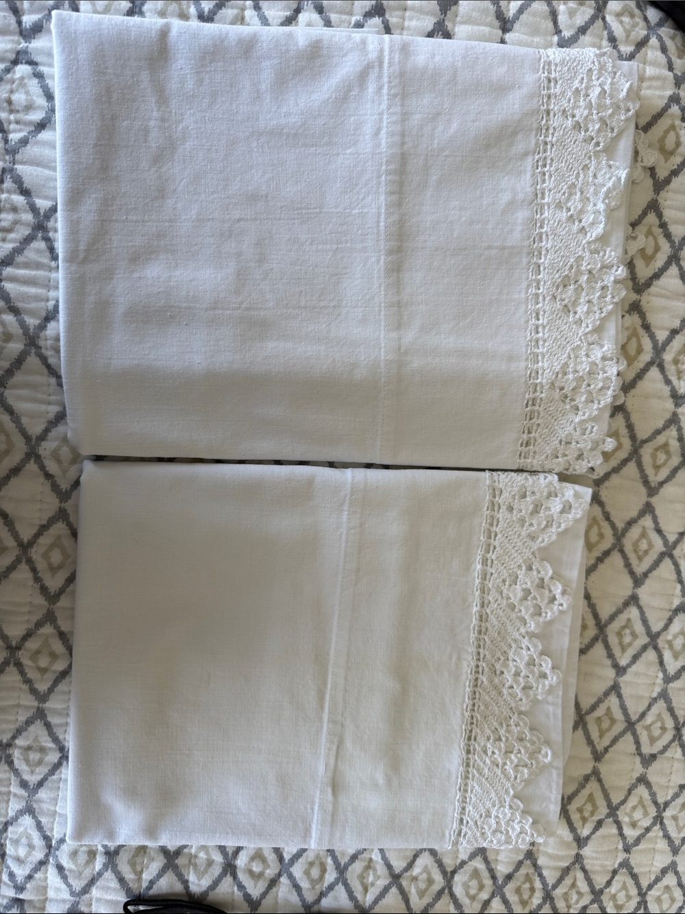 Vintage White Pillowcases with Crocheted Lace Trim